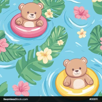 Cute Bears On Pool Floats Vector Style Seamless Pattern