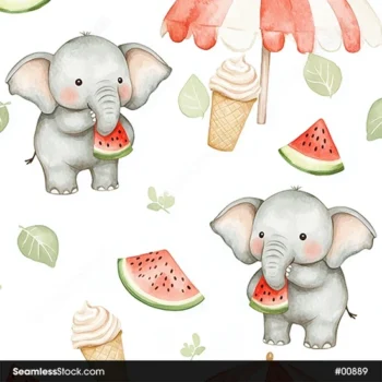 Cute Elephants And Watermelons Watercolor Style Seamless Pattern