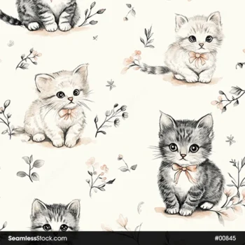 Cute Kittens And Flowers Seamless Pattern