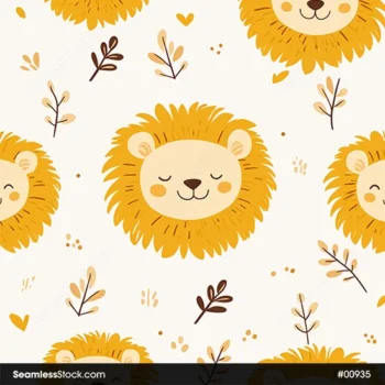 Cute Lions And Leaves Seamless Pattern