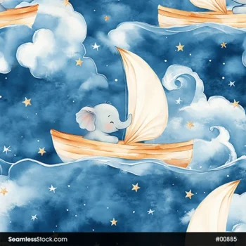 Cute Little Elephants On Boats, Clouds And Stars Background Seamless Pattern