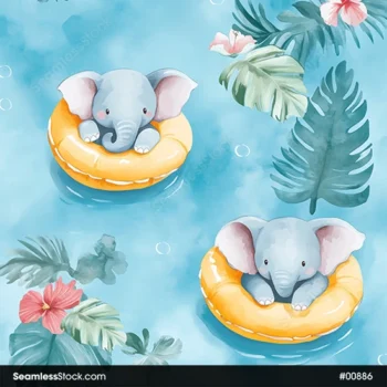 Cute Little Elephants On Pool Floats And Leaves Seamless Pattern