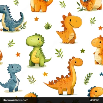Cute Playful Dinosaurs Illustration Seamless Pattern