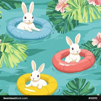 Cute Rabbits On Pool Floats Seamless Pattern