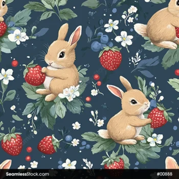 Cute Rabbits With Strawberries And Leaves Seamless Pattern