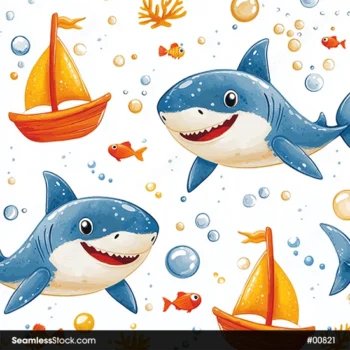 Cute Sharks And Boats, Deep Sea Illustration Seamless Pattern