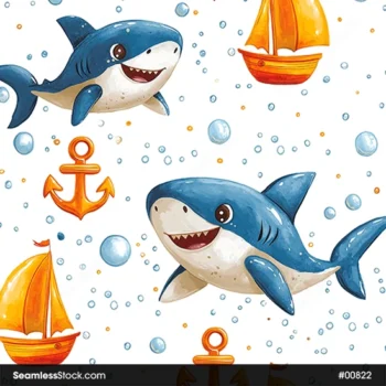Cute Sharks And Boats, Deep Sea Illustration Seamless Pattern