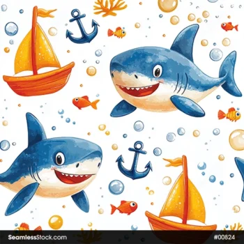 Cute Sharks, Bubbles And Boats, Deep Sea Illustration Seamless Pattern