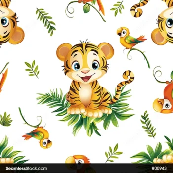 Cute Tiger And Birds Seamless Pattern