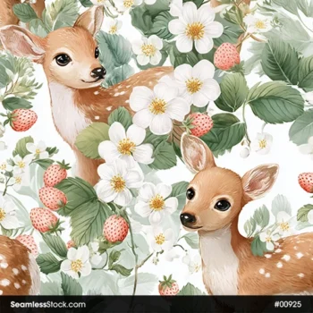 Deers, Flowers And Strawberries Seamless Pattern
