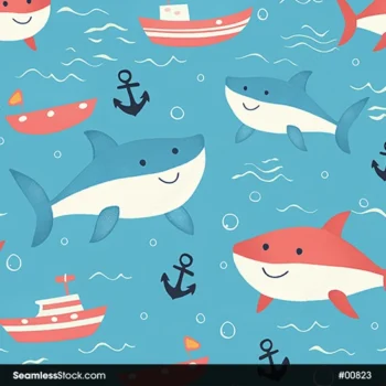 Doodle Sharks, Waves And Boats, Deep Sea Illustration Seamless Pattern
