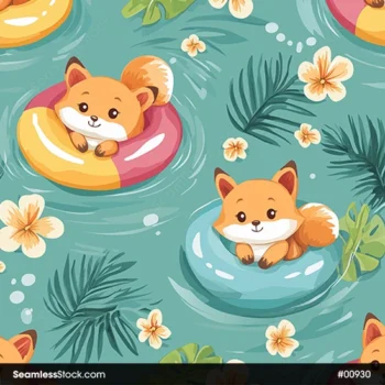 Foxes On Pool Floats Seamless Pattern
