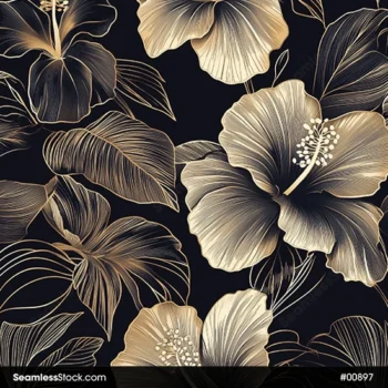 Golden Hibiscus And Leaves Black Background Seamless Pattern