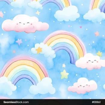 Colorful Watercolor Rainbows And Clouds Seamless Pattern