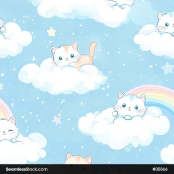 Cute Kitties On Clouds Seamless Pattern