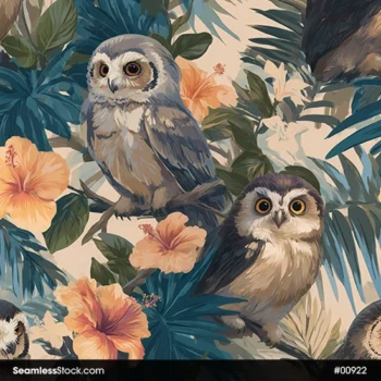 Owls And Flowers Seamless Pattern