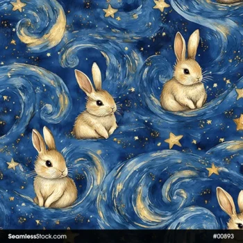 Rabbits On Starry Night Van Gogh Painting Style Seamless Pattern