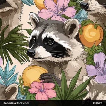 Racoons And Leaves Seamless Pattern