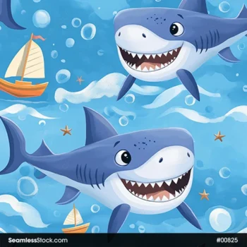 Sharks, Waves And Boats, Deep Sea Illustration Seamless Pattern