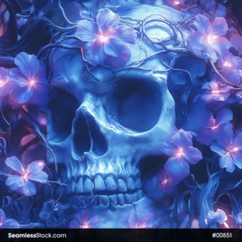 Skull And Neon Flowers Seamless Pattern