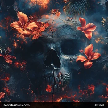 Skull And Neon Flowers Seamless Pattern