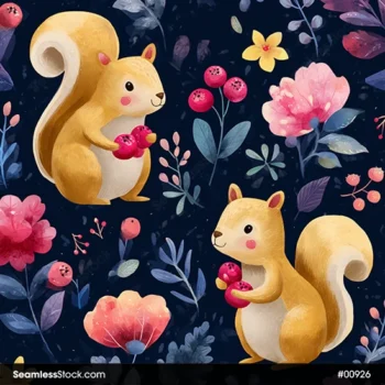 Squirrels And Flowers Seamless Pattern