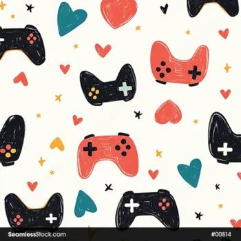 Video Game Controls With Hearts And Stars Seamless Pattern