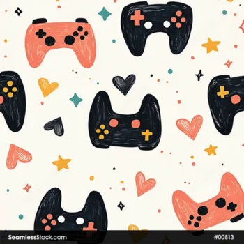 Video Game Controls With Hearts And Stars Seamless Pattern