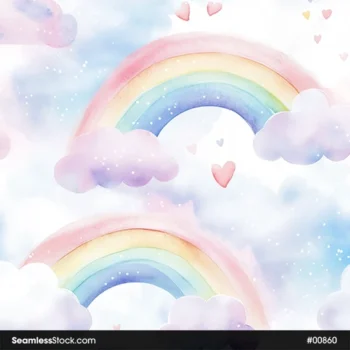 Watercolor Colorful Rainbows And Clouds Seamless Pattern