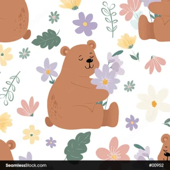Doodle Bears And Flowers Seamless Pattern