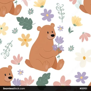 Doodle Bears And Flowers Seamless Pattern