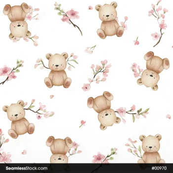 Delicate Bears And Flowers Watercolor Style Seamless Pattern