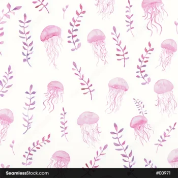 Jelly Fish And Algaes Watercolor Style Seamless Pattern