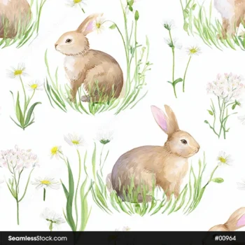 Rabbits And Flowers Watercolor Style Seamless Pattern