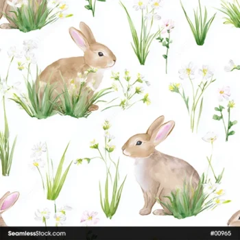 Rabbits And Flowers Watercolor Style Seamless Pattern
