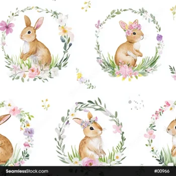 Rabbits And Flowers Watercolor Style Seamless Pattern