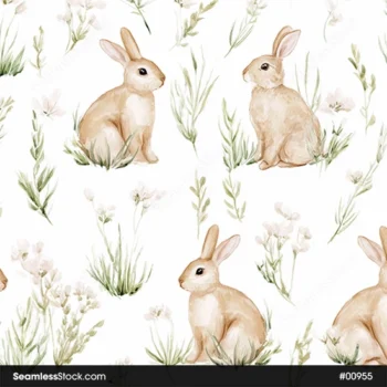 Rabbits And Flowers Watercolor Style Seamless Pattern
