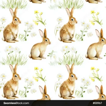 Rabbits And Flowers Watercolor Style Seamless Pattern