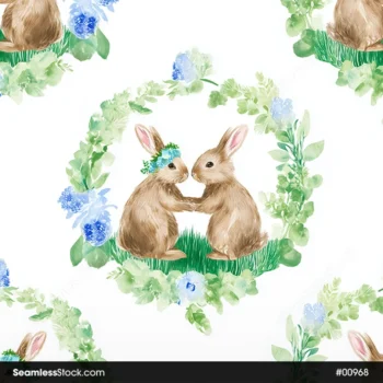 Rabbits And Flowers Watercolor Style Seamless Pattern