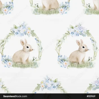 Rabbits And Flowers Watercolor Style Seamless Pattern