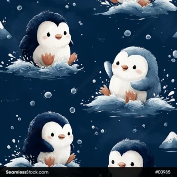 Cute Penguins On Navy Blue Background Seamless Pattern