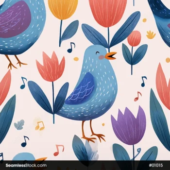 Beautiful Singing Birds And Flowers Seamless Pattern
