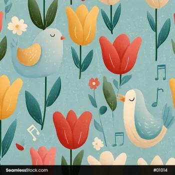 Beautiful Singing Birds And Flowers Seamless Pattern
