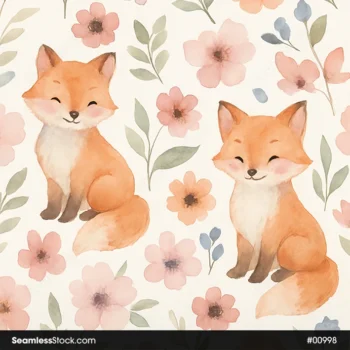 Cute Foxes And Flowers Seamless Pattern