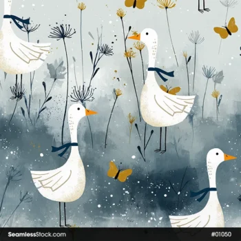 Ducks And Flowers Watercolor Style Seamless Pattern