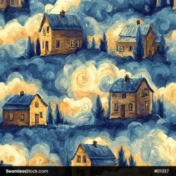 Houses And Clouds On Van Gogh Style Seamless Pattern