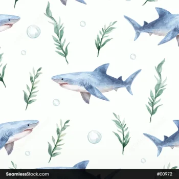 Sharks And Algaes Watercolor Style Seamless Pattern