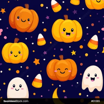 Kawaii Halloween Pumpkins Seamless Pattern