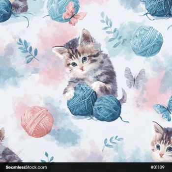 Kitties With Balls Of Yarn Seamless Pattern