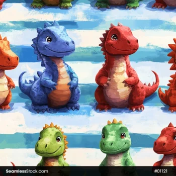 Cute Dinosaurs On Striped Background Seamless Pattern